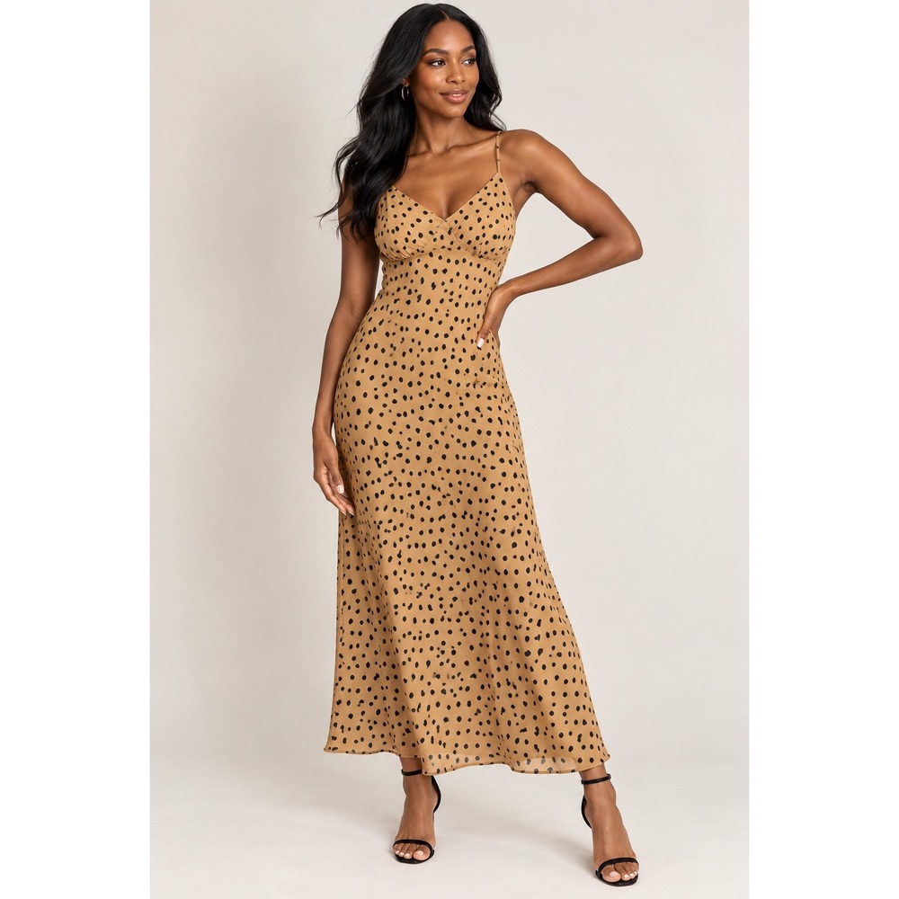 Audrey 3+1 Camel Black Polka Dot Spaghetti Strap Maxi Dress Medium